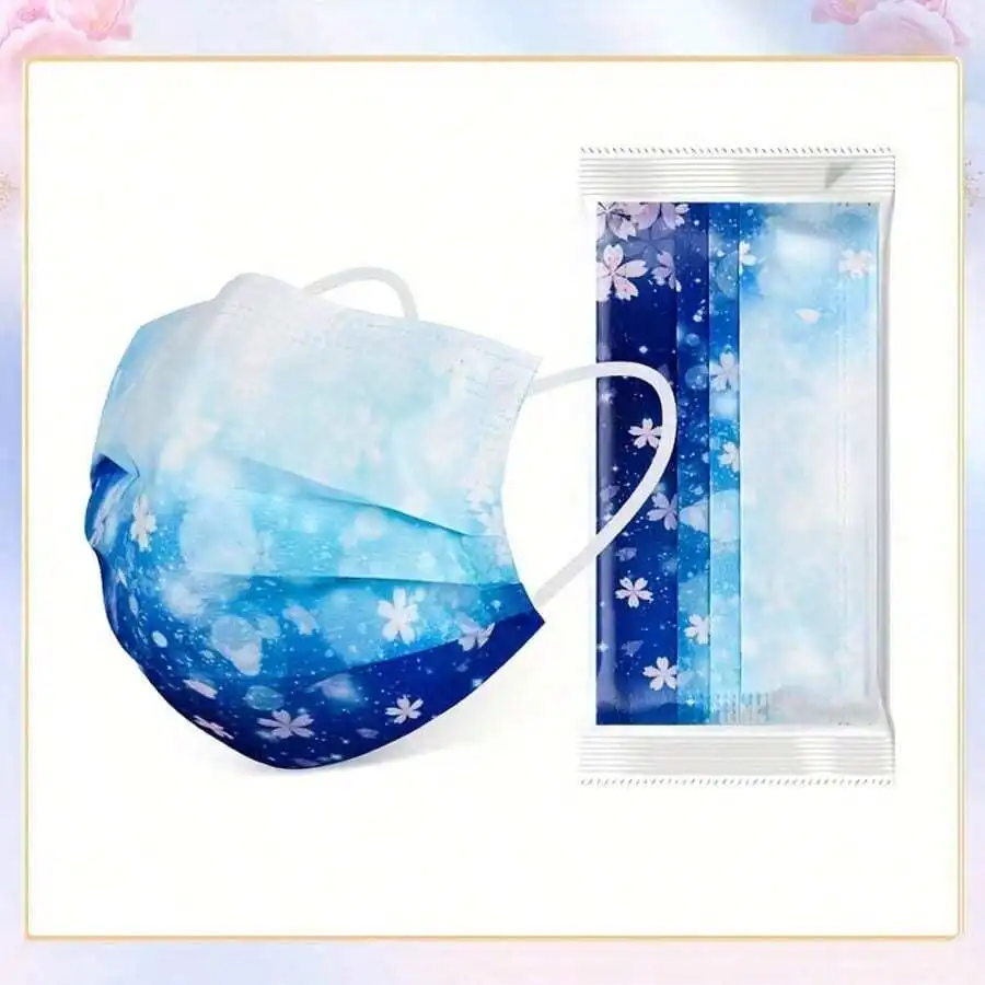 10pcs Floral Sakura Print 3-Pl - مراجعة Disposable Mask Blue وسعره
