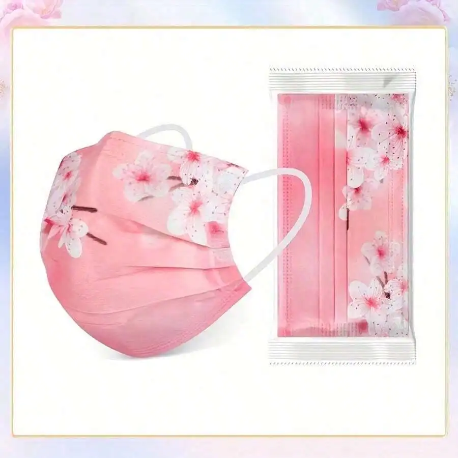 10pcs Floral Sakura Print 3-Pl - مراجعة Disposable Mask Blue وسعره