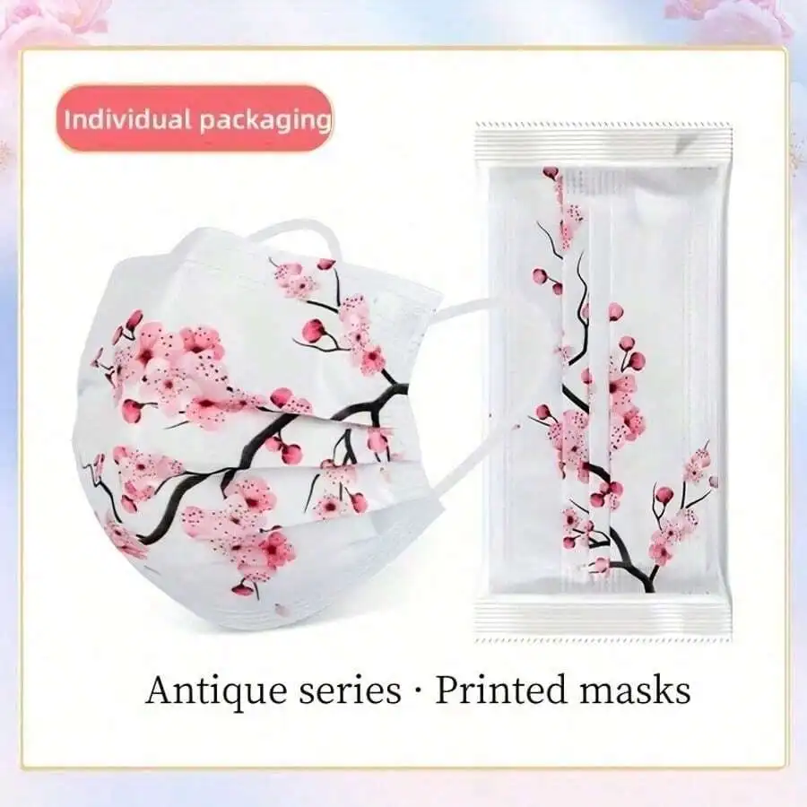 10pcs Floral Sakura Print 3-Pl - مراجعة Disposable Mask Blue وسعره